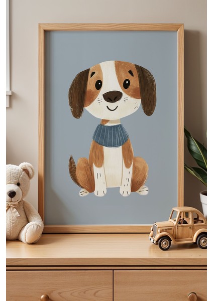 Minimal Çizgili Şirin Köpek Çocuk Odası Ahşap Çerçeveli Duvar Tablosu