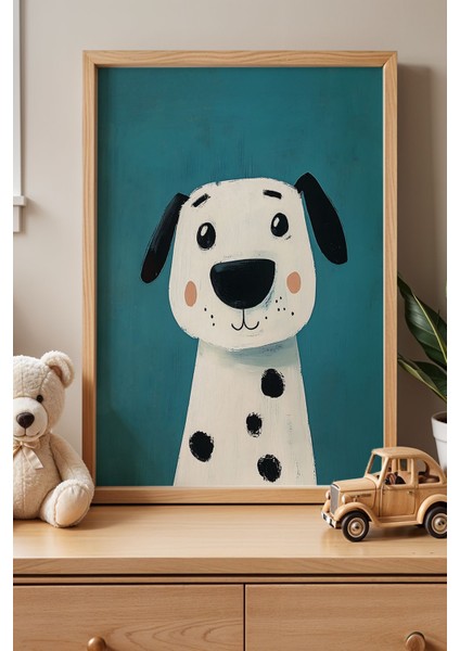 Mavi Fonlu Sevimli Köpek Çocuk Odası Ahşap Çerçeveli Duvar Tablosu