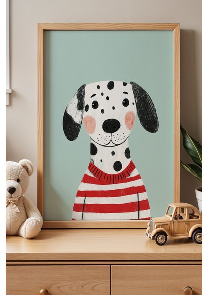 Kırmızı Kazaklı Dalmaçyalı Köpek Çocuk Odası Ahşap Çerçeveli Duvar Tablosu