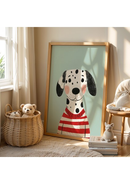 Kırmızı Kazaklı Dalmaçyalı Köpek Çocuk Odası Ahşap Çerçeveli Duvar Tablosu fiyatları