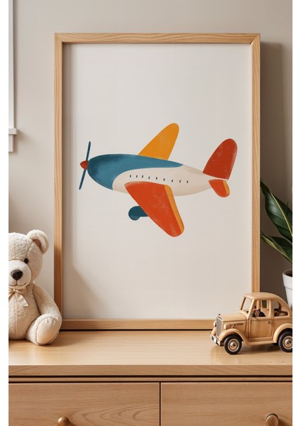 Rengarenk Sevimli Uçak Çocuk Odası Ahşap Çerçeveli Duvar Tablosu