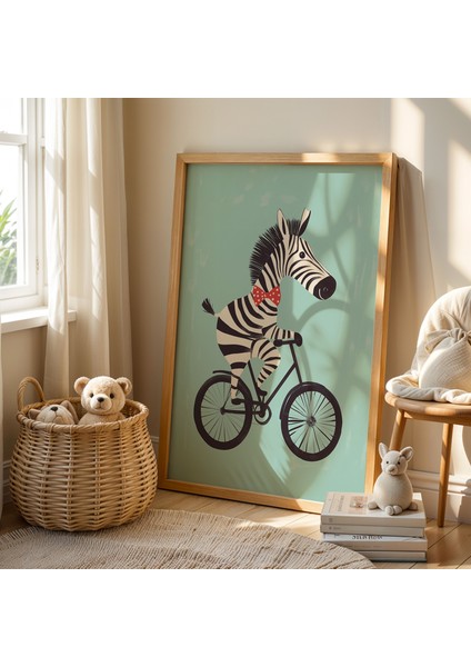 Bisikletli Zebra Çocuk Odası Ahşap Çerçeveli Duvar Tablosu fiyatları