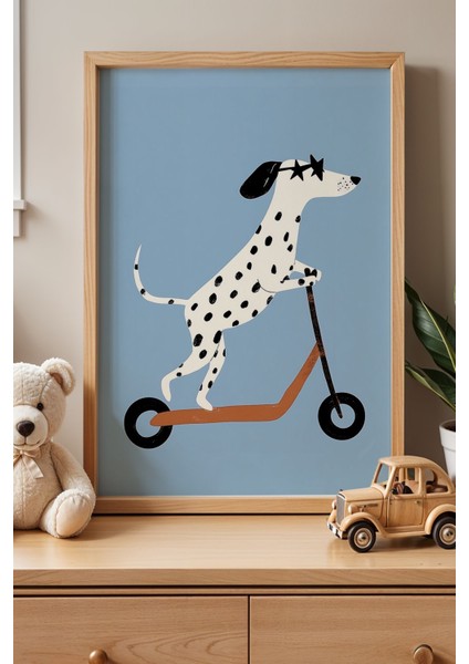Scoter Süren Sevimli Köpek Çocuk Odası Ahşap Çerçeveli Duvar Tablosu