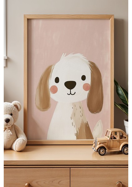 Pembe Fonlu Şirin Köpek Çocuk Odası Ahşap Çerçeveli Duvar Tablosu