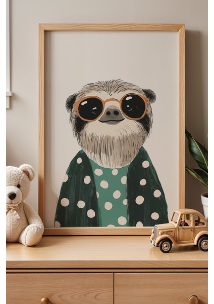 Gözlüklü Sevimli Rakun Çocuk Odası Ahşap Çerçeveli Duvar Tablosu