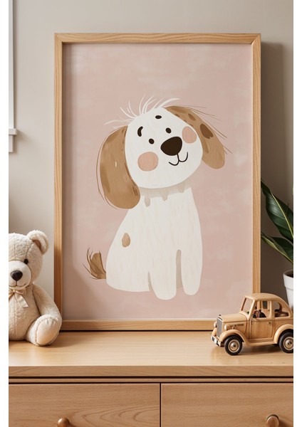 Pembe Fonlu Sevimli Köpek Çocuk Odası Ahşap Çerçeveli Duvar Tablosu