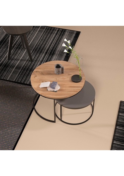 Devin Dekor Orta Sehpa Ikili Lüx Specıal Antrasit Ceviz-Siyah Demir