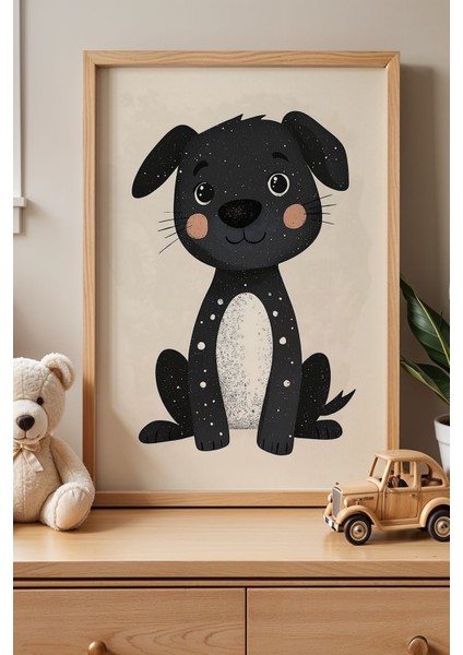 Minimal Çizgili Şirin Köpek Çocuk Odası Ahşap Çerçeveli Duvar Tablosu