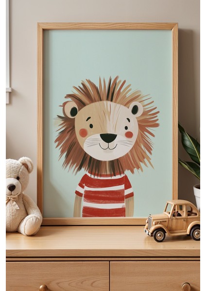 Kırmızı Kazaklı Aslan Çocuk Odası Ahşap Çerçeveli Duvar Tablosu
