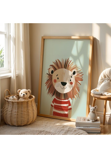 Kırmızı Kazaklı Aslan Çocuk Odası Ahşap Çerçeveli Duvar Tablosu fiyatları