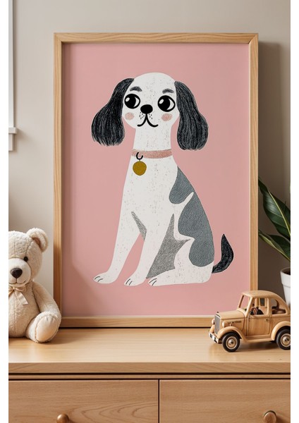 Pembe Fonlu Sevimli Köpek Çocuk Odası Ahşap Çerçeveli Duvar Tablosu