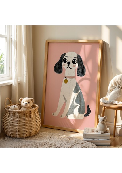 Pembe Fonlu Sevimli Köpek Çocuk Odası Ahşap Çerçeveli Duvar Tablosu fiyatları