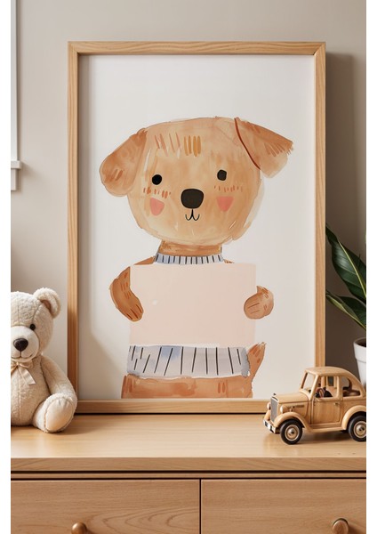 Eğlenceli Köpek Figürlü Çocuk Odası Ahşap Çerçeveli Duvar Tablosu