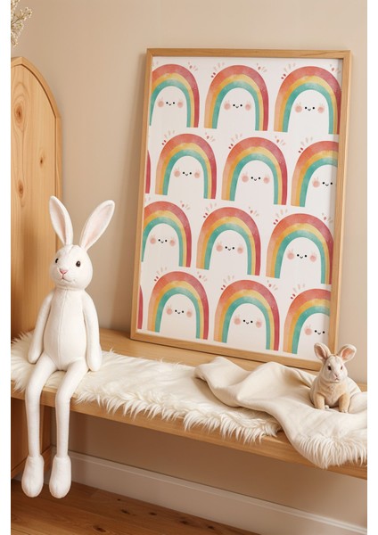 Sevimli Gökkuşağı Çocuk Odası Ahşap Çerçeveli Duvar Tablosu
