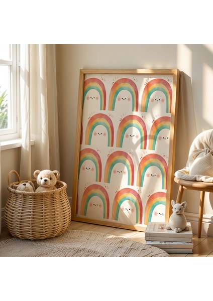 Sevimli Gökkuşağı Çocuk Odası Ahşap Çerçeveli Duvar Tablosu fiyatları