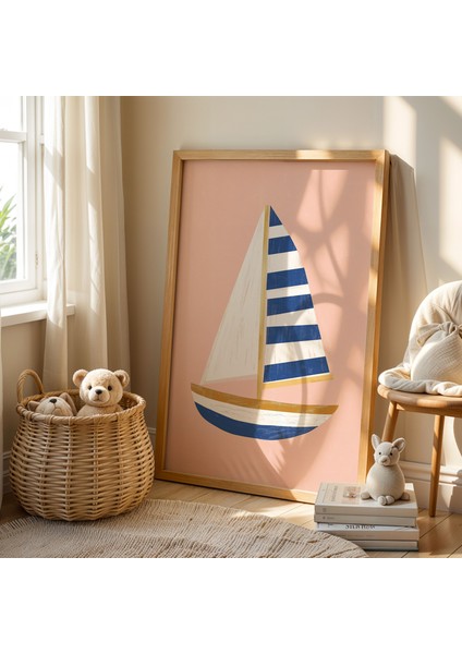 Mavi Çizgili Yelken Çocuk Odası Ahşap Çerçeveli Duvar Tablosu fiyatları
