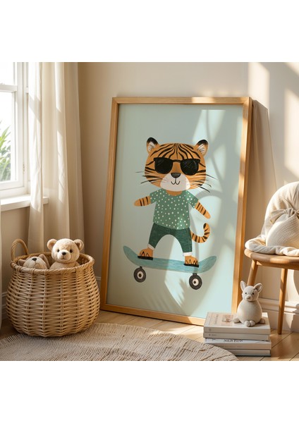 Gözlüklü Kaykaycı Leopar Çocuk Odası Ahşap Çerçeveli Duvar Tablosu fiyatları