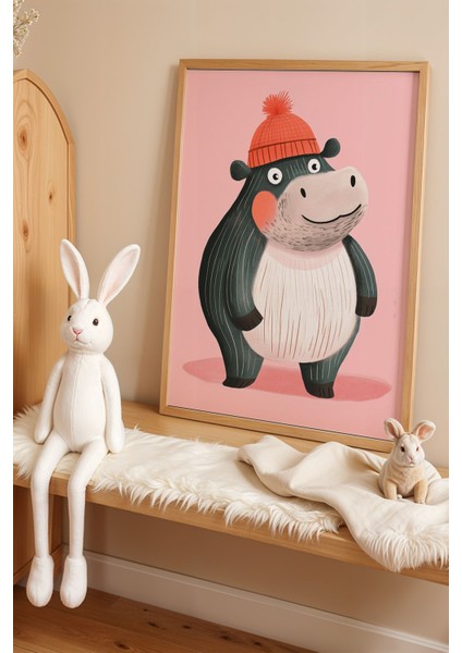 Şapkalı Hipopotam Çocuk Odası Ahşap Çerçeveli Duvar Tablosu