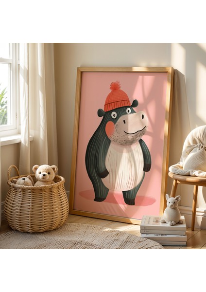 Şapkalı Hipopotam Çocuk Odası Ahşap Çerçeveli Duvar Tablosu fiyatları