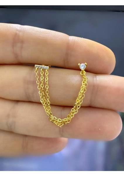 Çelik Zirkon Taşlı 3 Sıra Zincirli Ikili Helix Lobe Uyumlu 1 Adet Piercing Küpe