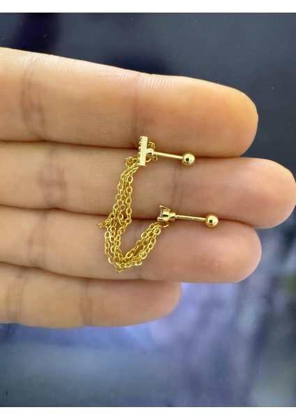 Çelik Zirkon Taşlı 3 Sıra Zincirli Ikili Helix Lobe Uyumlu 1 Adet Piercing Küpe modelleri