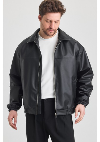 Oversize Erkek Siyah Deri Ceket