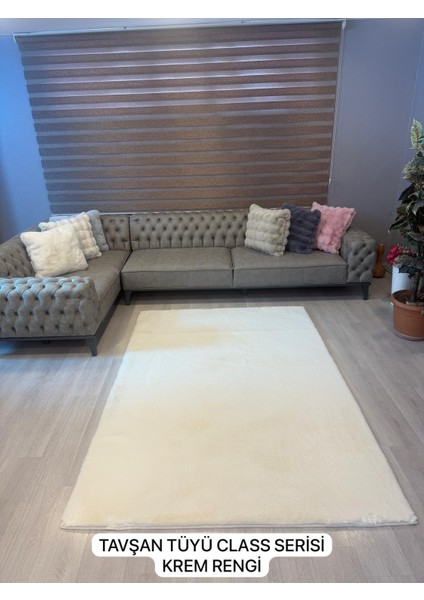 Tavşan Tüyü Krem Yumuşak Makinada Yıkanabilir Kaymaz Kalın Dekoratif Post Halı