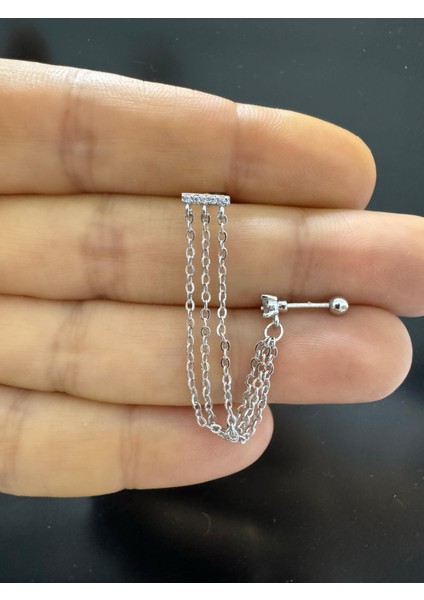 Çelik Zirkon Taşlı 3 Sıra Zincirli Ikili Helix Lobe Uyumlu 1 Adet Piercing Küpe
