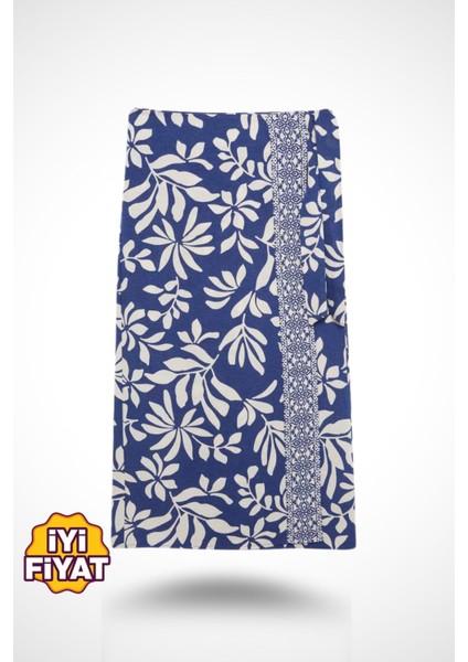 Kadın Mavi Regular Fit Desenli Keten Midi Boy Etek , Kadın Etek