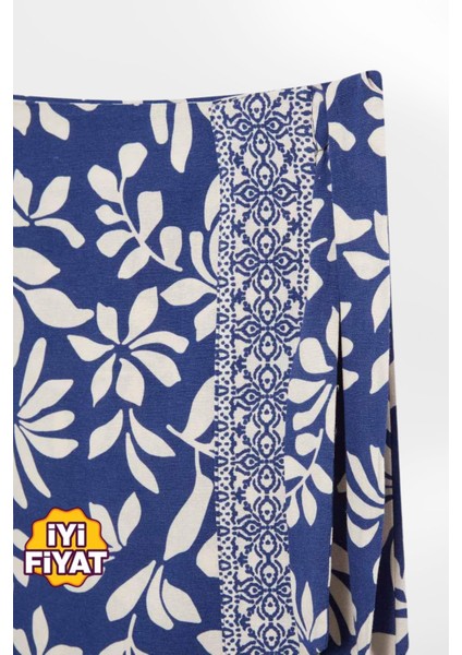 Kadın Mavi Regular Fit Desenli Keten Midi Boy Etek , Kadın Etek