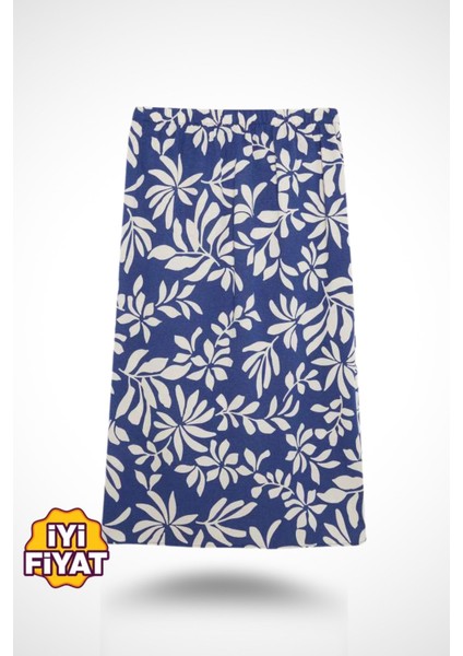 Kadın Mavi Regular Fit Desenli Keten Midi Boy Etek , Kadın Etek