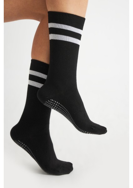 Bambu Kadın Siyah Kaydırmaz Taban Silikon Baskı Yoga Fitness Pilates Bale Dans Tenis Çorabı 3'lü indirimleri