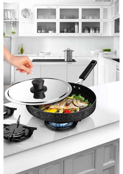 32 cm Kapaklı Balık Tava - Siyah