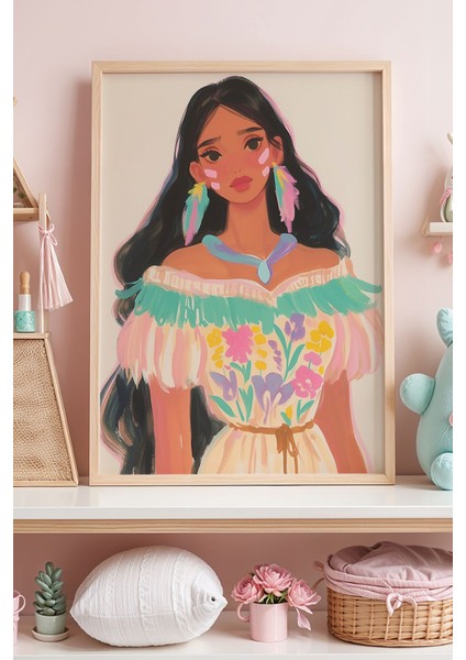 Pastel Tonlarda Çiçek Desenli Kız Çocuk Odası Ahşap Çerçeveli Duvar Tablosu