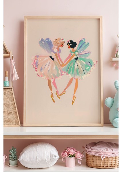 El Ele Tutuşan Renkli Peri Kızlar Illüstrasyon Sanatı Ahşap Çerçeveli Duvar Tablosu