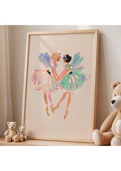 El Ele Tutuşan Renkli Peri Kızlar Illüstrasyon Sanatı Ahşap Çerçeveli Duvar Tablosu fiyatları