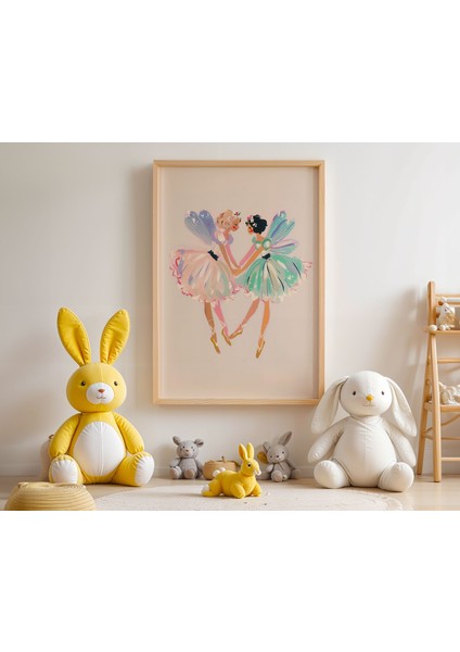 El Ele Tutuşan Renkli Peri Kızlar Illüstrasyon Sanatı Ahşap Çerçeveli Duvar Tablosu modelleri