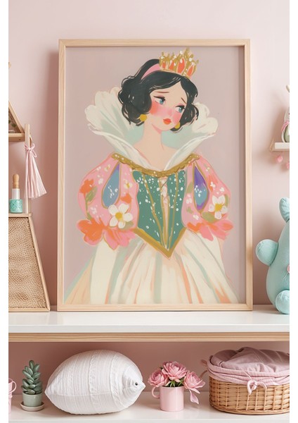 Prenses Taçlı Çiçekli Pastel Elbise Illüstrasyonu Çocuk Odası Ahşap Çerçeveli Duvar Tablosu