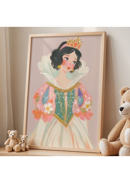 Prenses Taçlı Çiçekli Pastel Elbise Illüstrasyonu Çocuk Odası Ahşap Çerçeveli Duvar Tablosu fiyatları