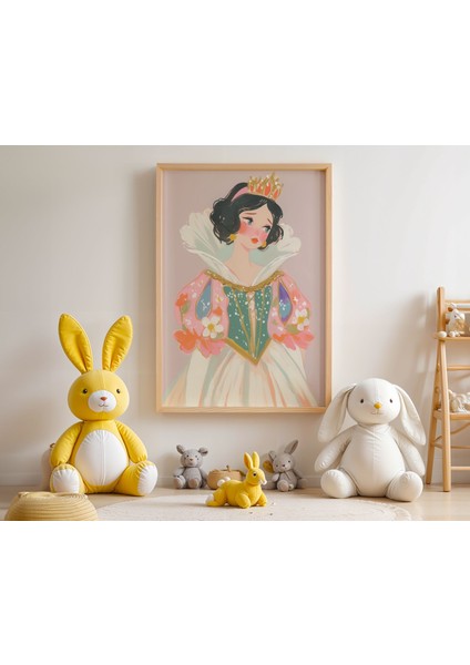 Prenses Taçlı Çiçekli Pastel Elbise Illüstrasyonu Çocuk Odası Ahşap Çerçeveli Duvar Tablosu modelleri