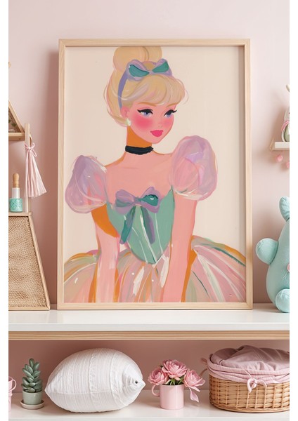 Pembe Fiyonk Elbiseli Prensesn Çocuk Odası Ahşap Çerçeveli Duvar Tablosu