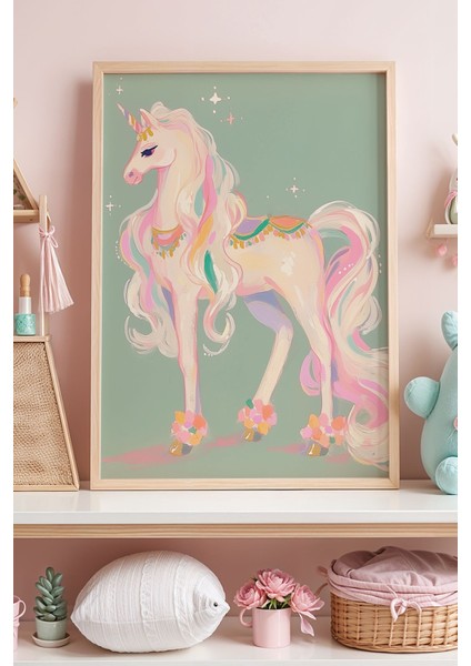 Pastel Renkli Büyülü Unicorn Çocuk Odası Ahşap Çerçeveli Duvar Tablosu