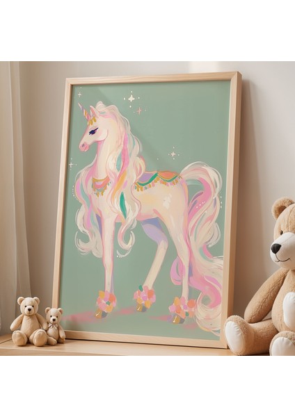 Pastel Renkli Büyülü Unicorn Çocuk Odası Ahşap Çerçeveli Duvar Tablosu fiyatları