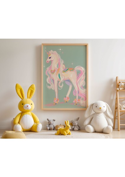 Pastel Renkli Büyülü Unicorn Çocuk Odası Ahşap Çerçeveli Duvar Tablosu modelleri