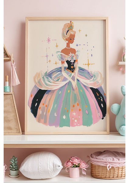 Elsa Taçlı Yıldızlı Masal Elbisesi Çocuk Odası Ahşap Çerçeveli Duvar Tablosu
