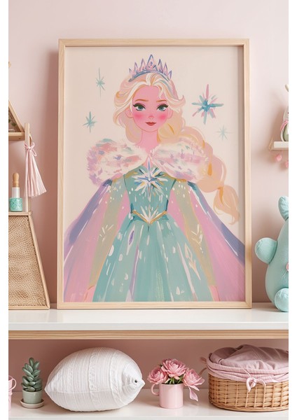 Elsa Taçlı Yıldızlı Masal Elbisesi Çocuk Odası Ahşap Çerçeveli Duvar Tablosu