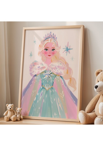 Elsa Taçlı Yıldızlı Masal Elbisesi Çocuk Odası Ahşap Çerçeveli Duvar Tablosu fiyatları