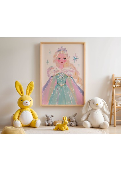 Elsa Taçlı Yıldızlı Masal Elbisesi Çocuk Odası Ahşap Çerçeveli Duvar Tablosu modelleri