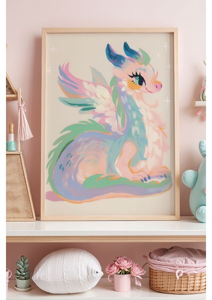 Pastel Renkli Ejderha Çocuk Odası Ahşap Çerçeveli Duvar Tablosu