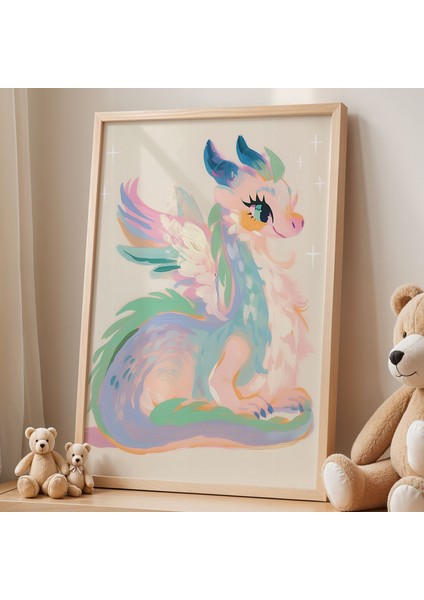 Pastel Renkli Ejderha Çocuk Odası Ahşap Çerçeveli Duvar Tablosu fiyatları